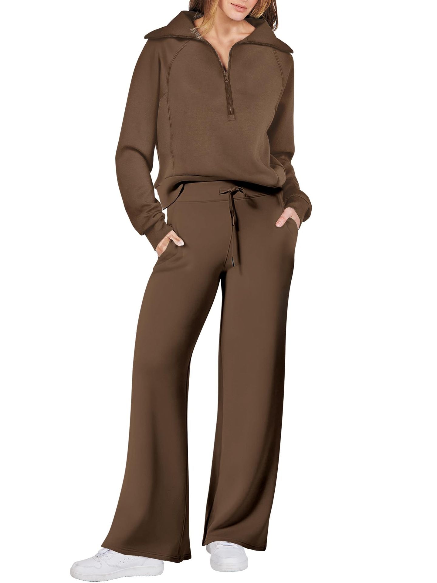 Street-wave Women’s Cozy Two Piece Set With Zip Front And Pockets Casual Loungewear For Home