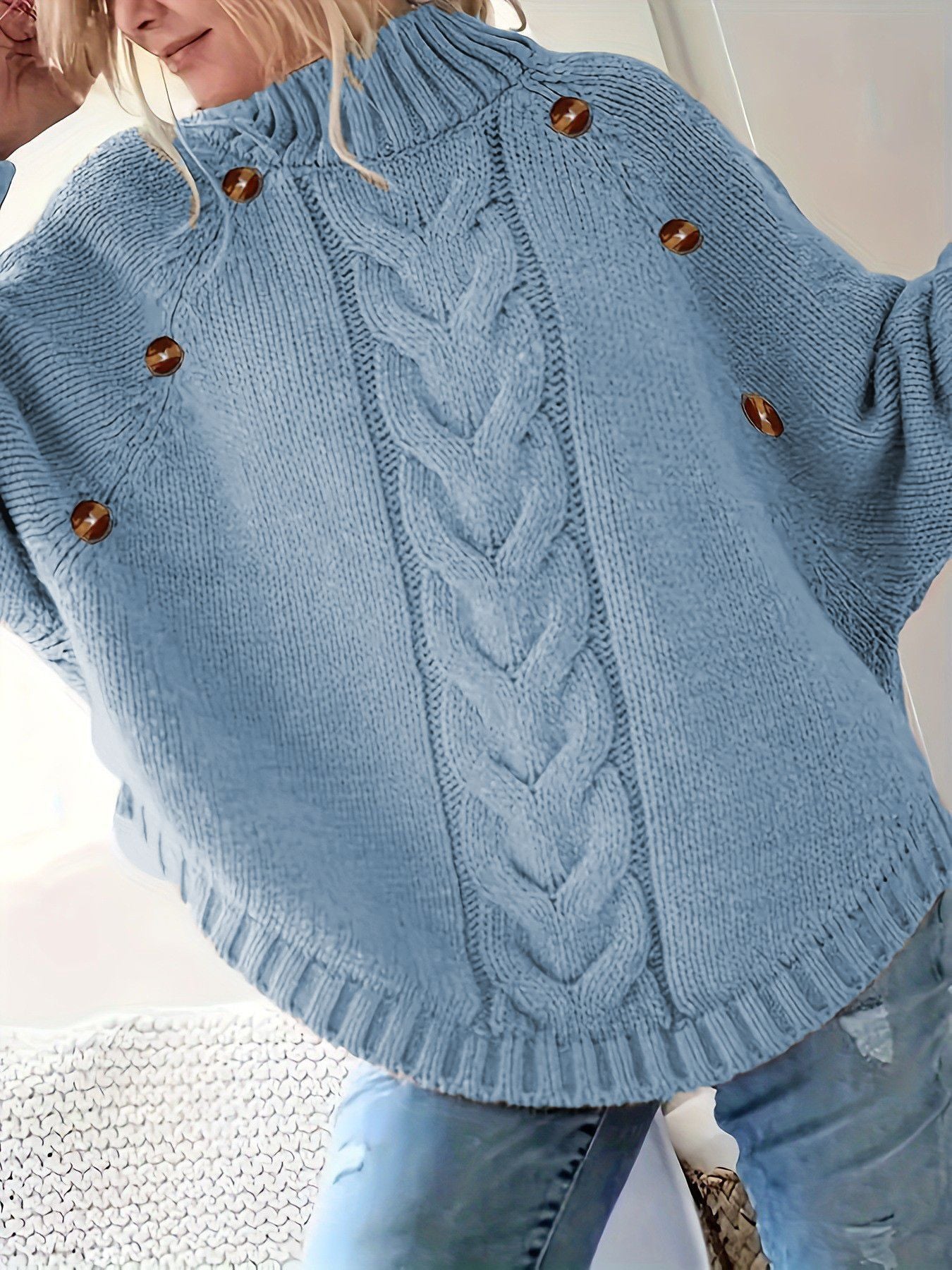 Women Oversized Cable Knit Sweater With High Collar And Button Details Streetwave Cozy Warmth