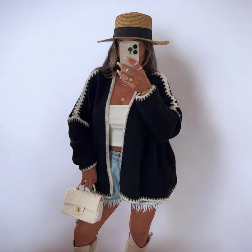 Street-Wave Oversized Knit Cardigan For Women, Cozy Warmth With White Trim, Elegant Style