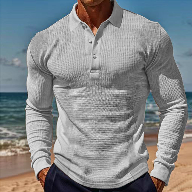 Mens Elegant Long Sleeve Polo With Button Placket Street-wave Structured Texture For Men
