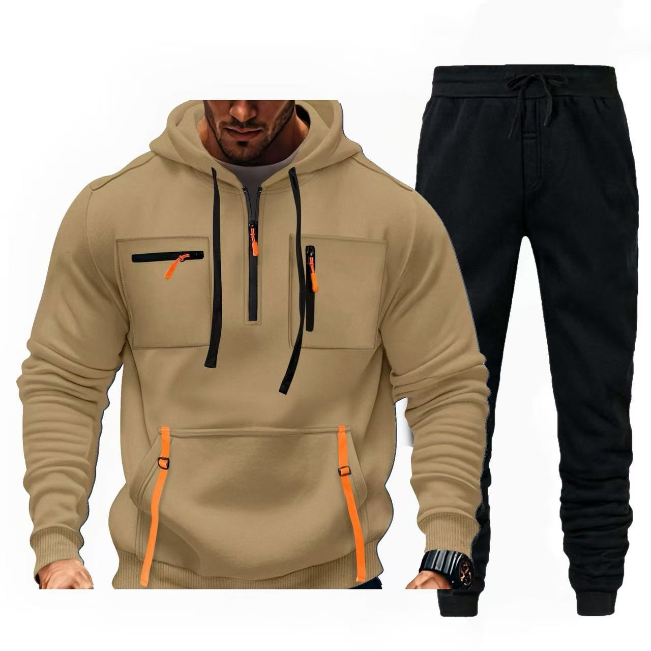 Street-wave Men's Multifunctional Hoodie And Jogger Set For Active Lifestyles With Zipper Pockets And Comfort