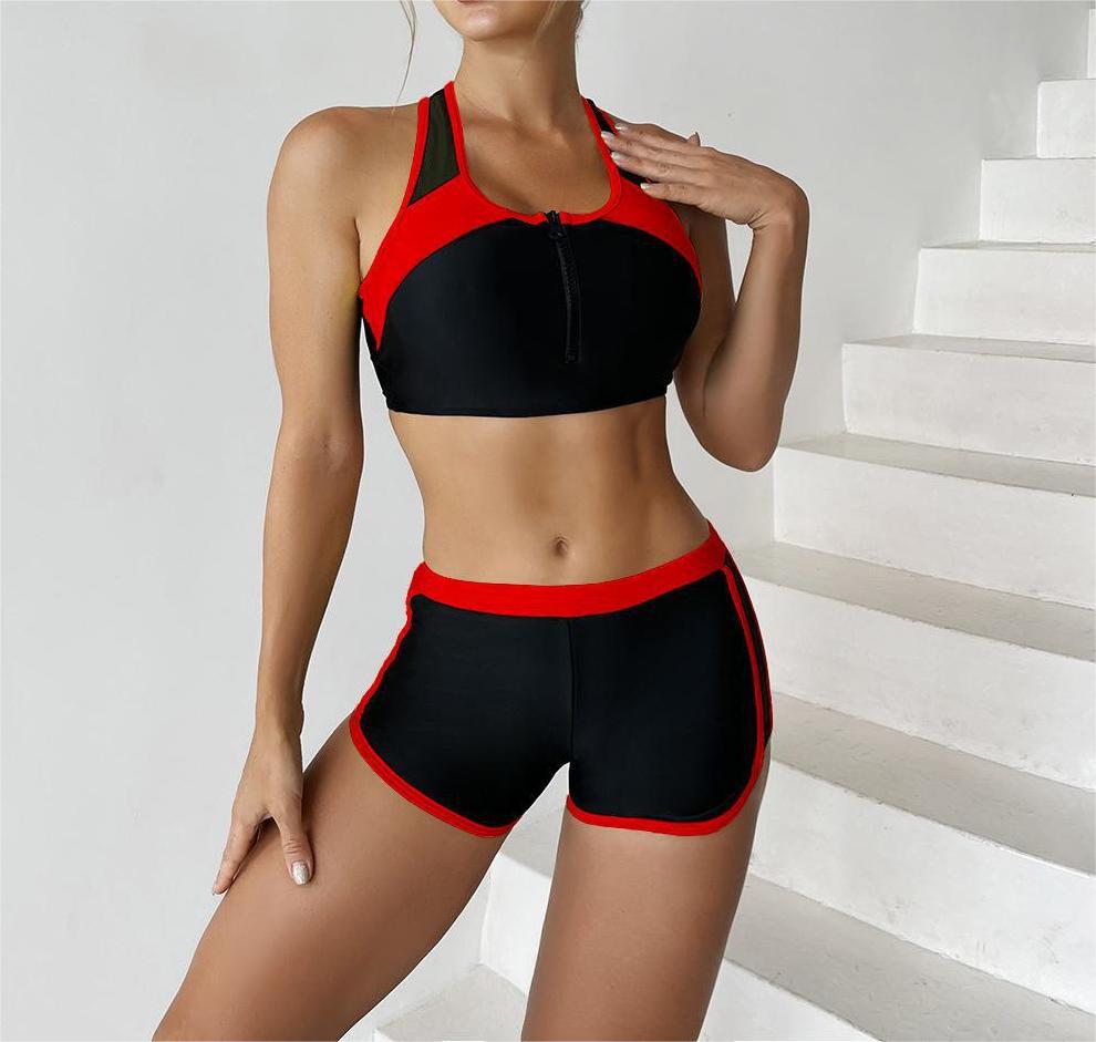 Streetwave Split Color Bikini Set With Front Zip For Women Solid Color Swimwear With Elastic Lining