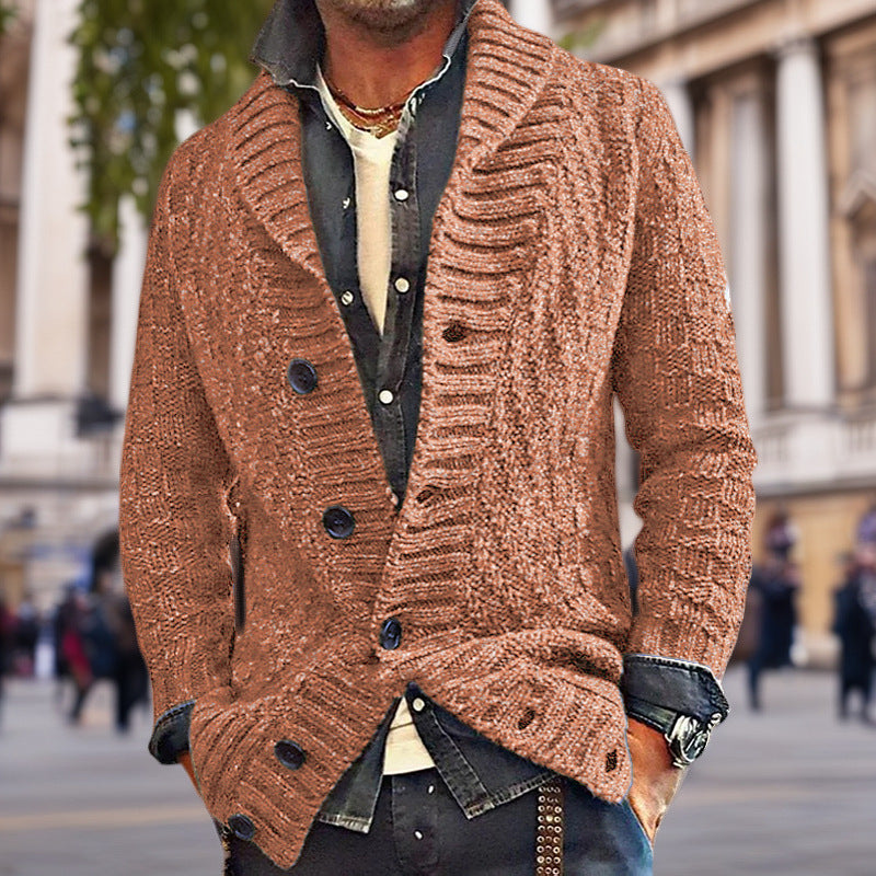 Street-wave Men's Cardigan With Large Shawl Collar And Textured Knit Design For Winter Comfort
