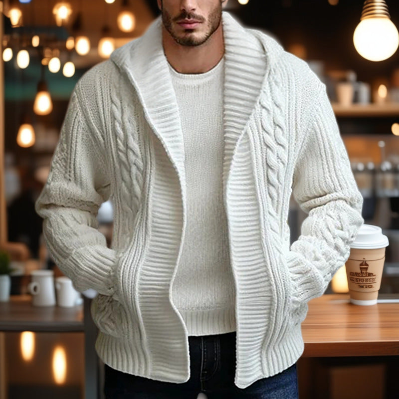 Street-Wave Mens Cable Knit Cardigan With Wide Collar Cozy Warm Winter Knit For Men Everyday Style