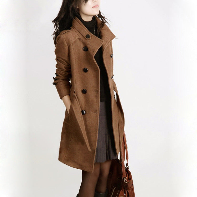 Street-Wave Womens Trench Coat Wool Blend Double-Breasted Belted Long Elegant Coat