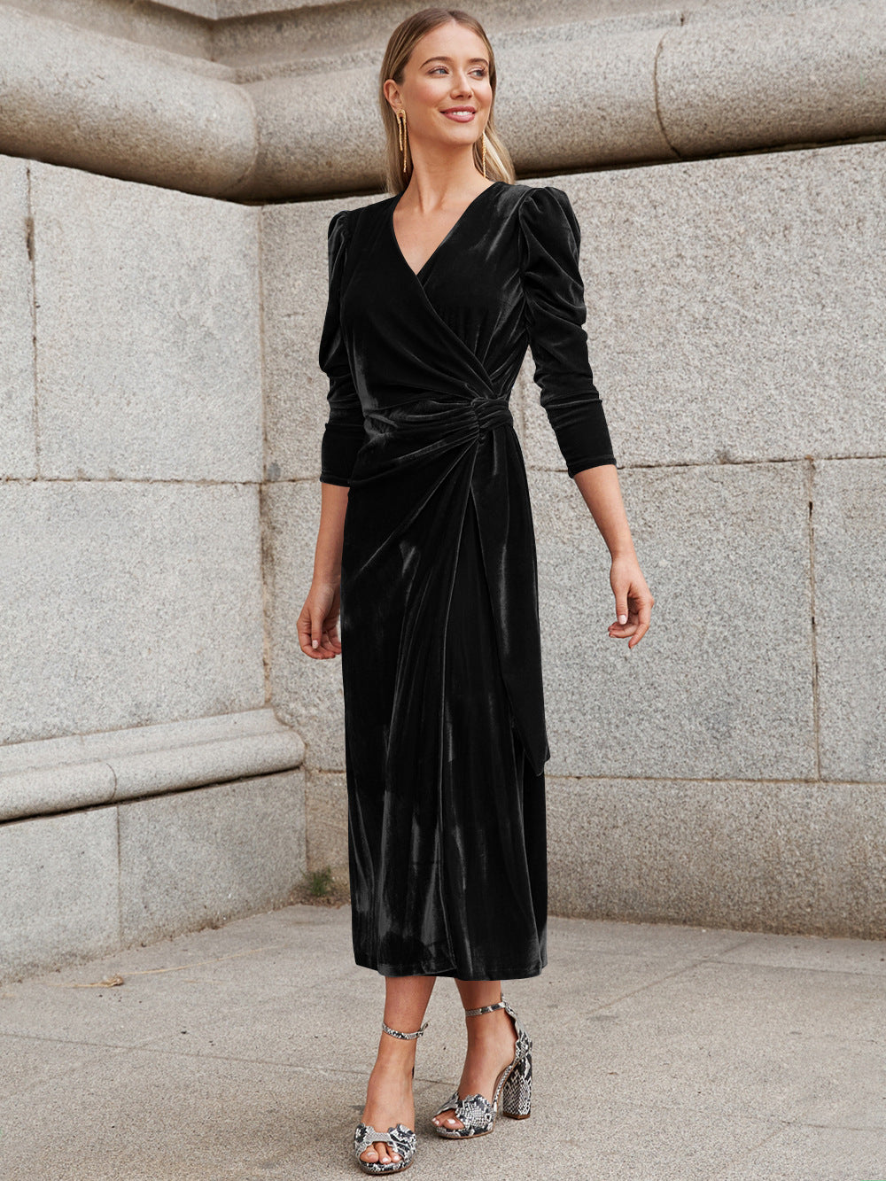 Street-Wave Elegant Wrap Dress With Puff Sleeves And Gold Accents For Women Glamorous Evening Wear