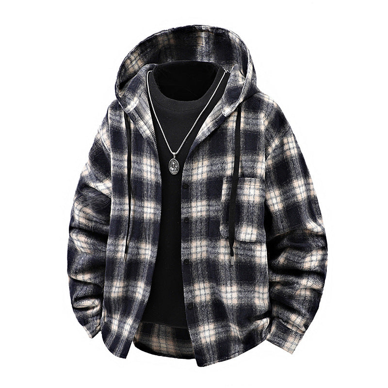 Street-Wave Men Plaid Quilted Hooded Jacket With Buttons