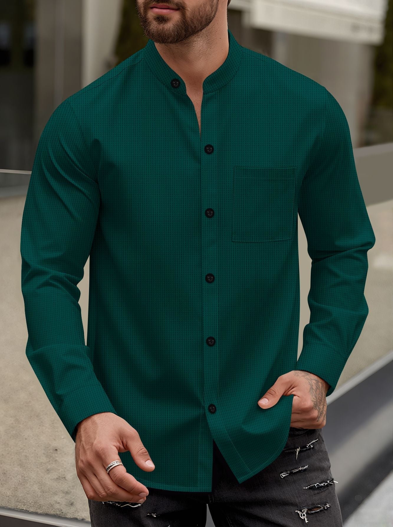 Street-Wave Men's Long Sleeve Shirt With Stand Collar And Chest Pocket For Modern Men