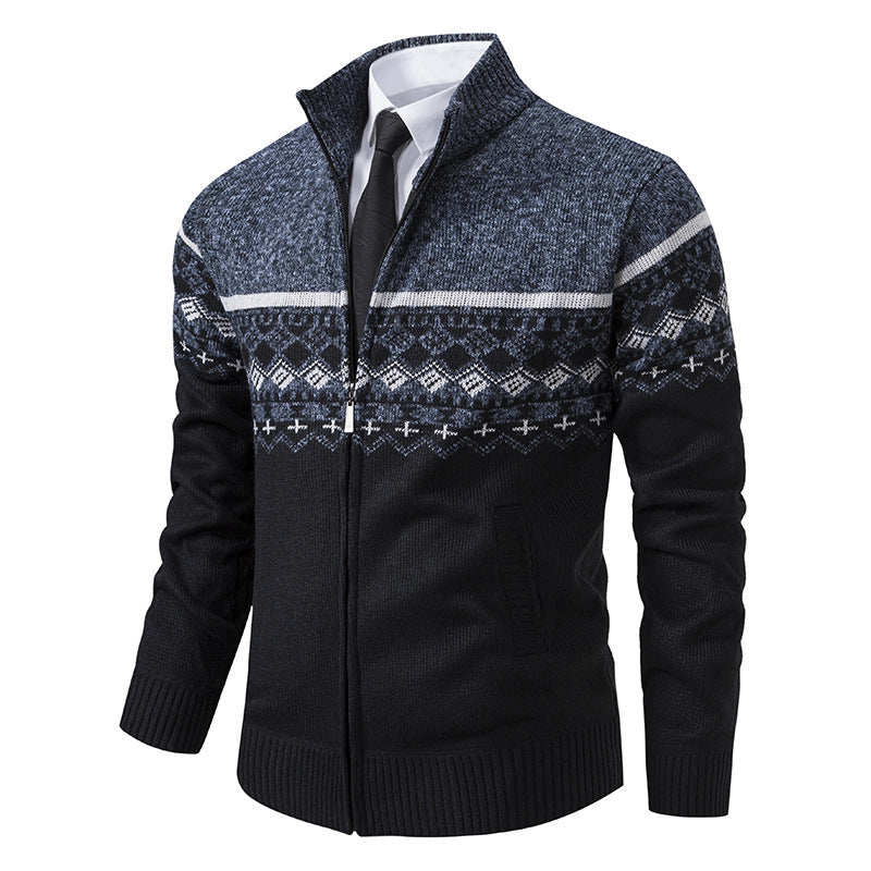 Street-wave Men's Knit Cardigan With Stand Collar And Nordic Pattern In Soft Breathable Wool