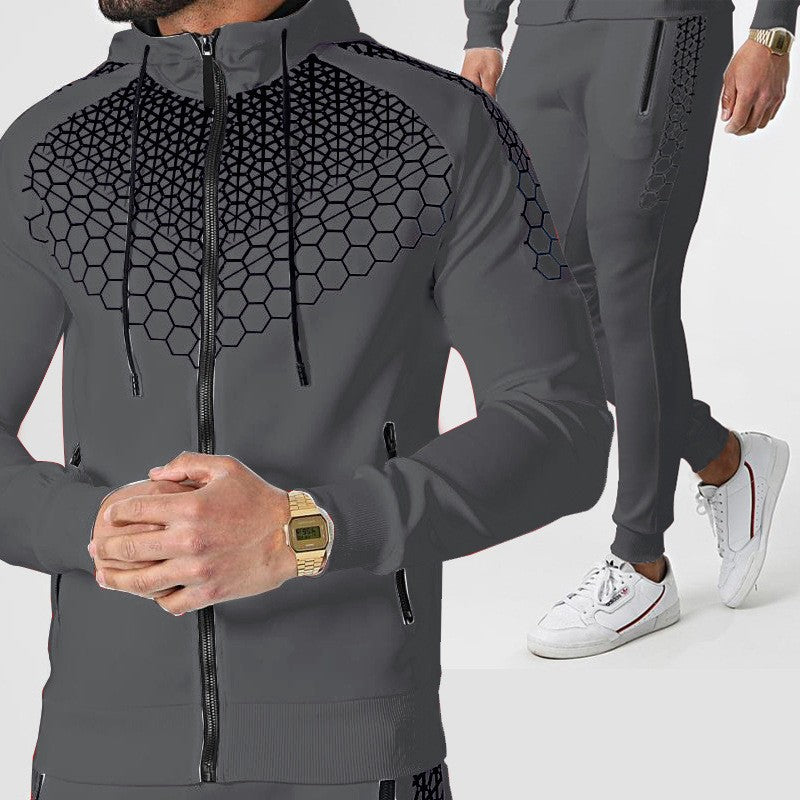 Men's Athletic Tracksuit Set From Street Wave With Innovative Honeycomb Pattern And Zipper Front For Active Men