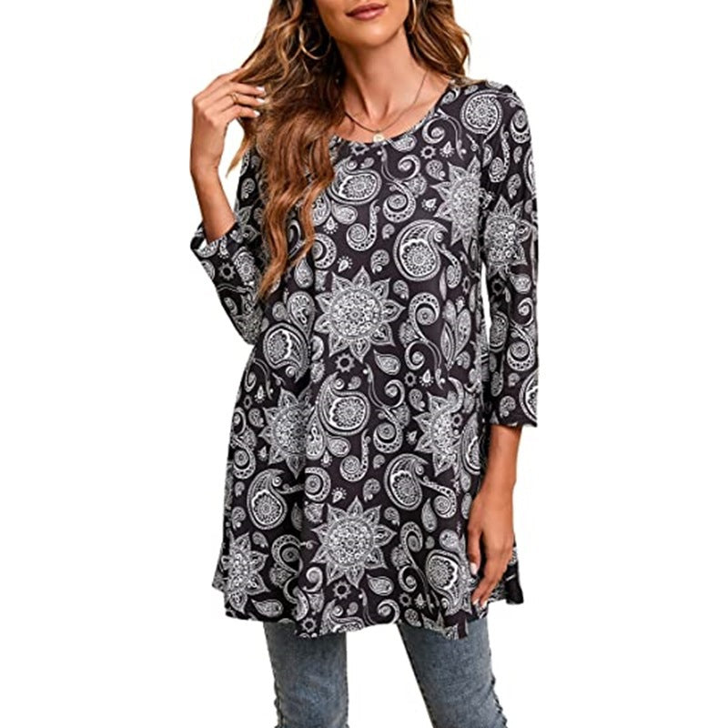 Street Wave Mandala Print Tunic For Women Comfortable Boho Everyday Top With Unique Mandala Design