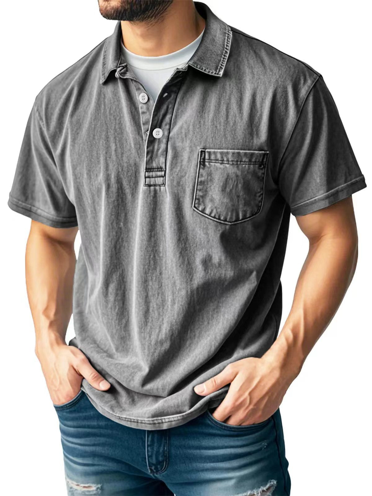 Street-Wave Mens Polo Shirt Green Relaxed Fit Short Sleeve Breathable Material Chest Pocket Casual Summer Top