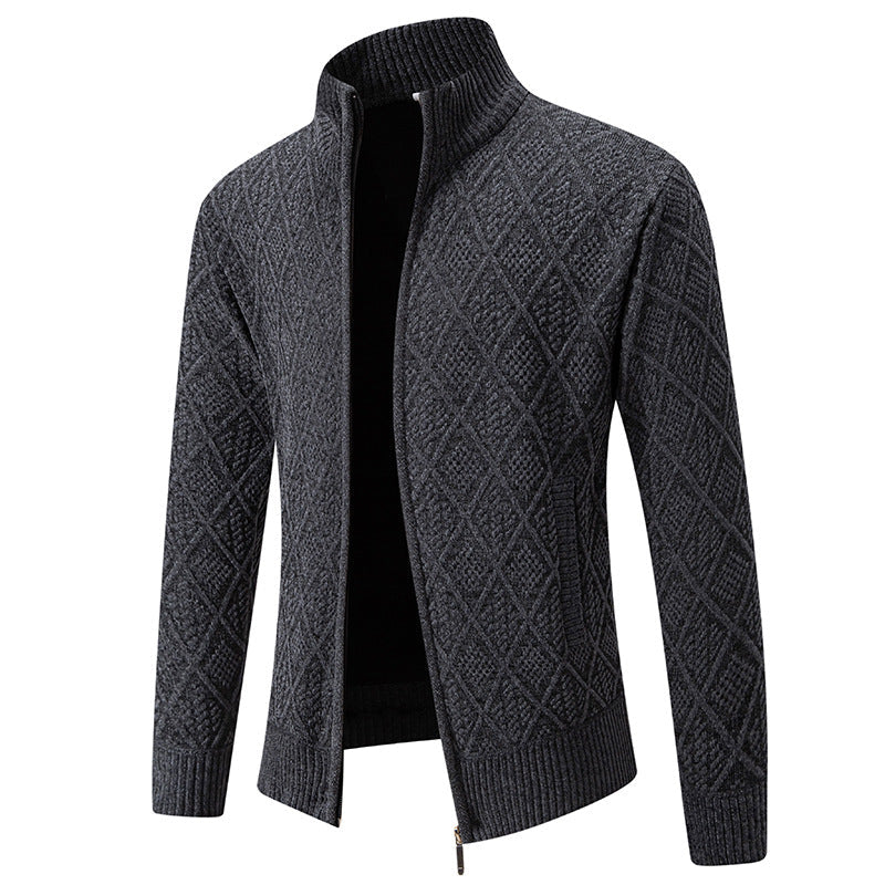 Streetwave Mens Knit Cardigan With Structured Diamond Pattern And High Collar For Men