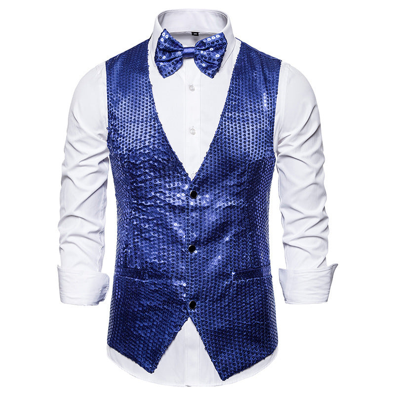 Streetwave Men Sequin Waistcoat With Matching Bow Tie Elegant Festive Vest For Weddings