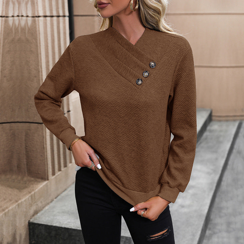 Street-wave Womens Elegant Pullover With Asymmetric Neckline And Button Details For Chic Comfort