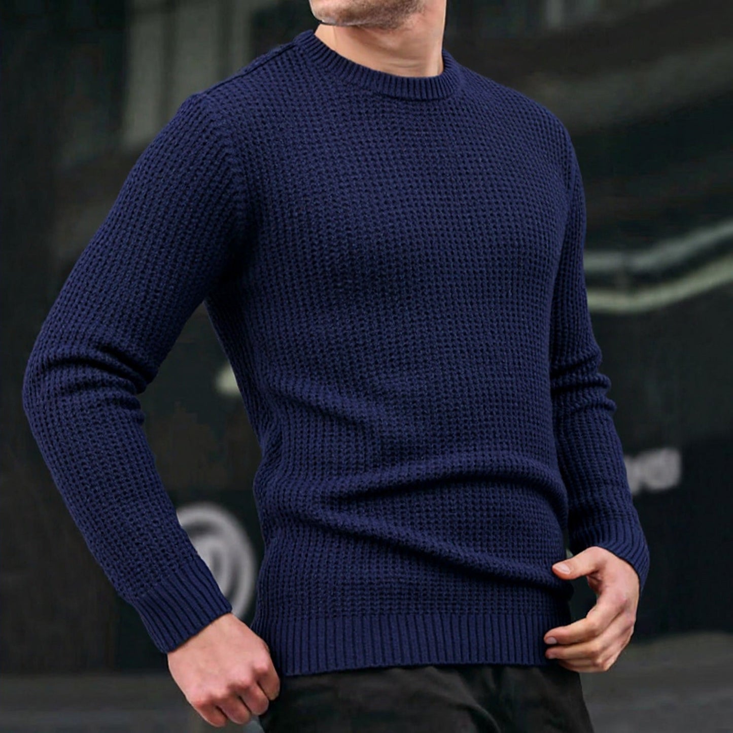 Streetwave Black Waffle Knit Sweater For Men Relaxed Fit Textured Knit Casual Style
