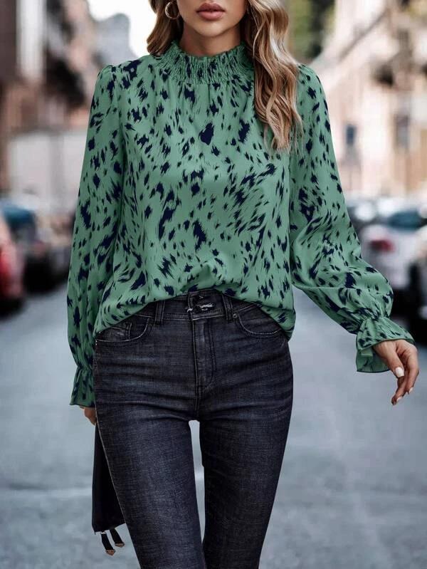 Street Wave Women Elegant Blouse Shirt With Ruffled Collar And Animal Print Chic