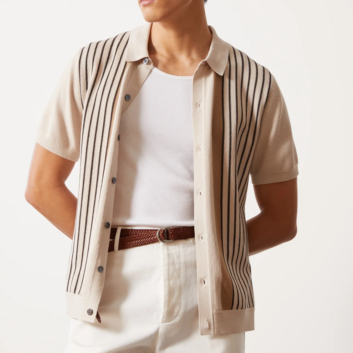 Street-Wave Mens Knit Polo Shirt Relaxed Fit With Vertical Stripes