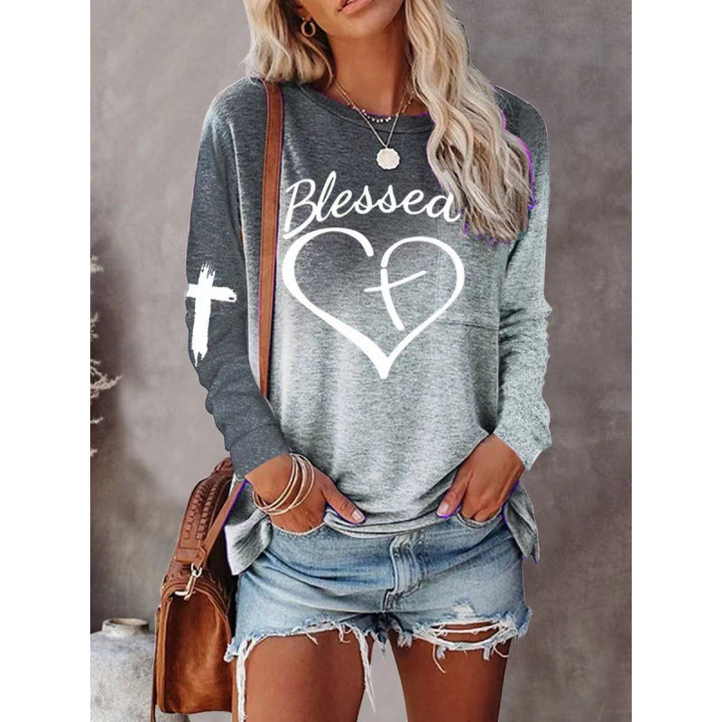 Long Sleeve Shirt Street-Wave Blessed Heart Graphic For Women, Comfortable Cotton Blend, Relaxed Fit
