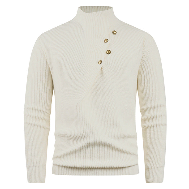 Street Wave Mens Knit Sweater With Asymmetric Collar And Wooden Button Detail Elegant Design For Modern Men