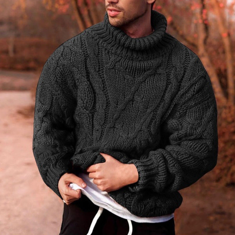 Street Wave Mens Cable Knit Sweater With High Collar And Textured Pattern For Warmth