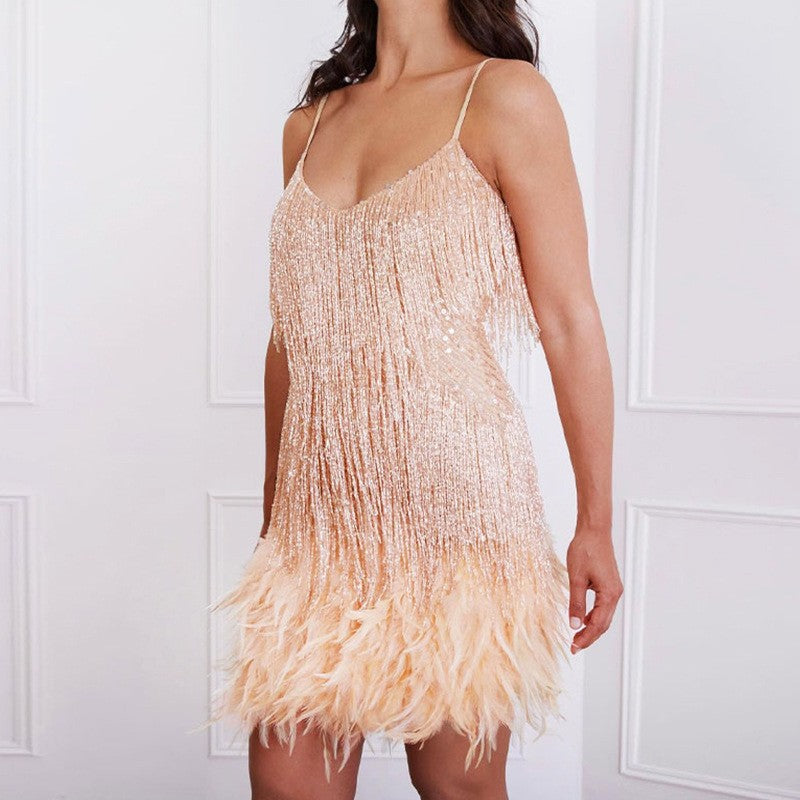 Street Wave Glittering Feathered Evening Dress For Women With Shimmering Accents