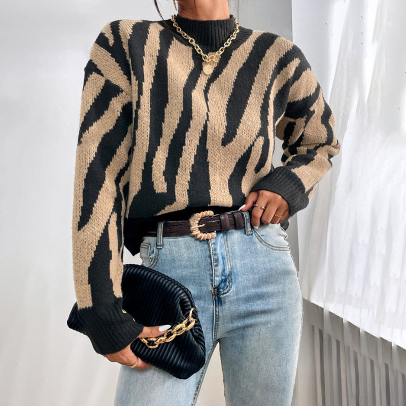 Street-wave Animal Print Knit Sweater Loose Fit Crew Neck For Women Cozy Casual Wear