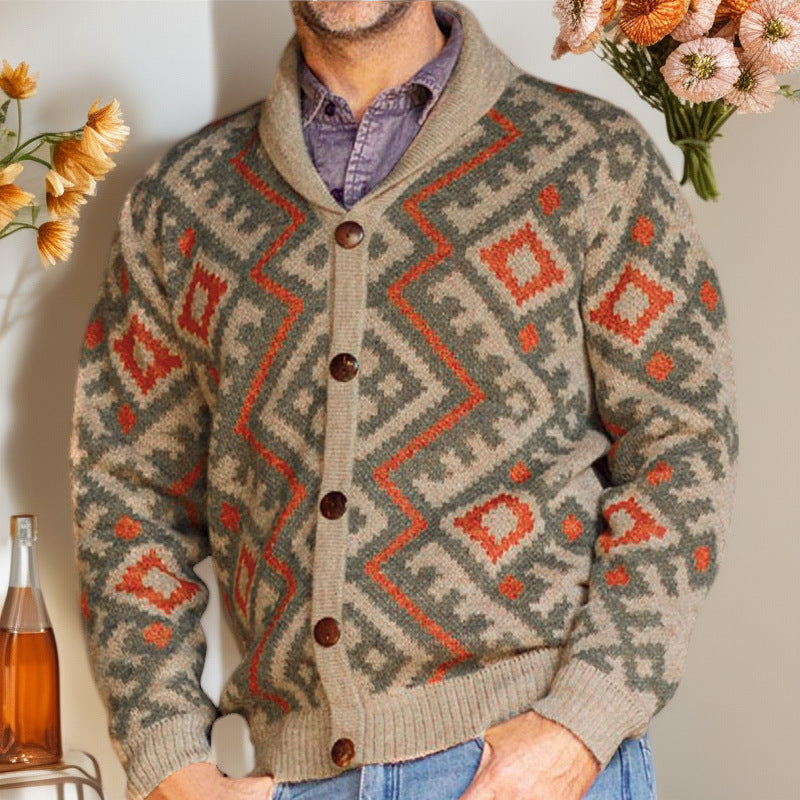 Streetwave Mens Cardigan With Traditional Geometric Pattern And Warm Shawl Collar Cozy Wool Blend