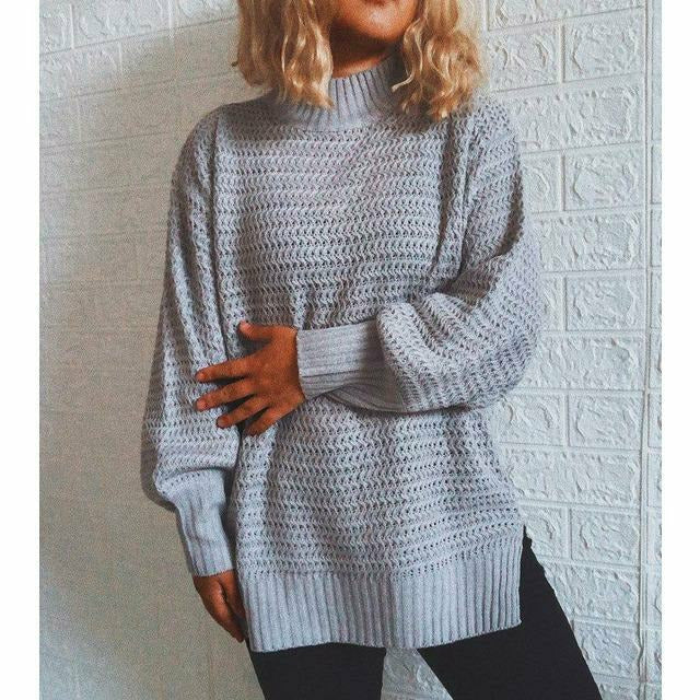 Street-wave Knit Pullover With Ribbed Pattern Half High Collar For Casual Everyday Wear