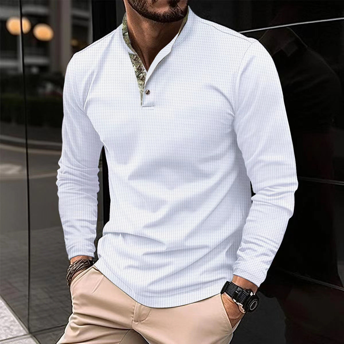 Streetwave Mens Long Sleeve Shirt With Modern Stand Collar For Smart Casual Wear Breathable Comfort