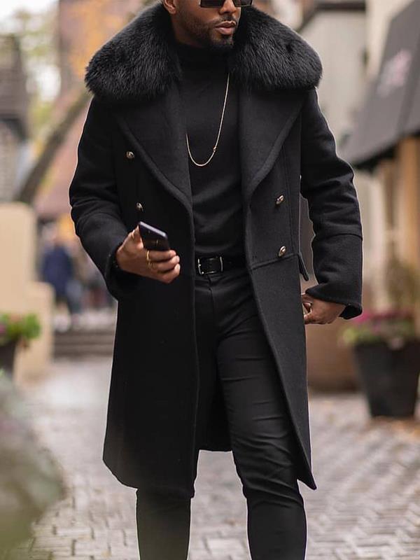 Street-Wave Mens Elegant Long Coat With Fur Collar