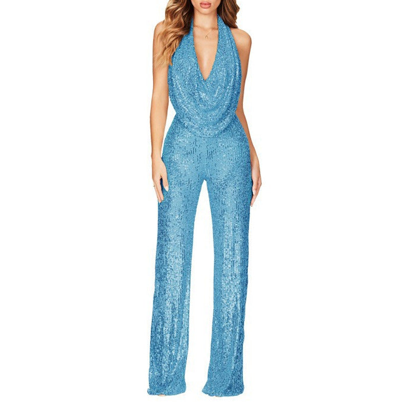 Street Wave Sequin Jumpsuit With Deep V Neck And Wide Leg For Women Glamorous Party Wear