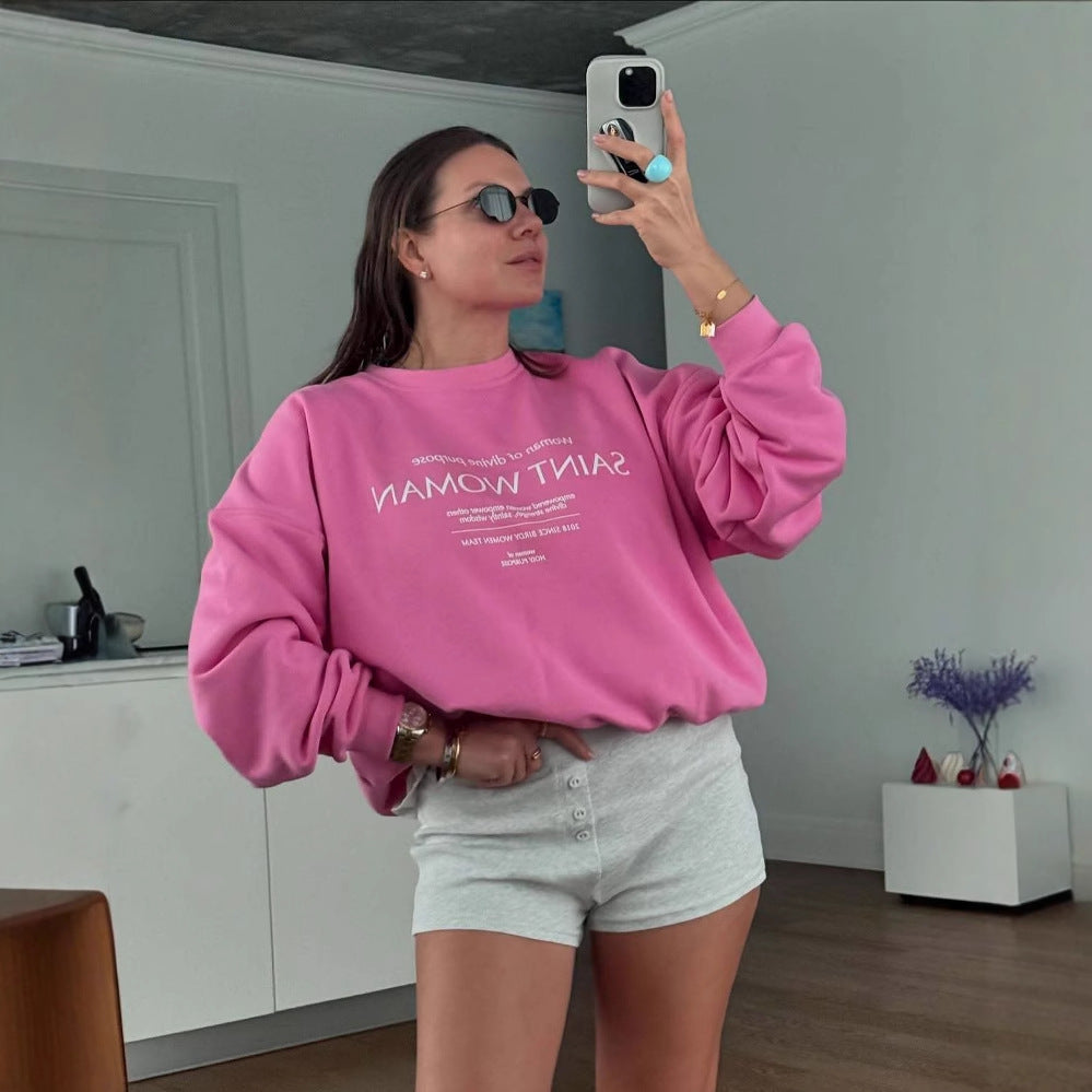 Street-wave Women's Oversized Pink Sweatshirt With Ribbed Hem And Graphic Front