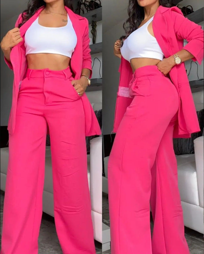 Street-wave Women's Pink Blazer And Wide-Leg Pants Set Elegant Comfort For Day To Night
