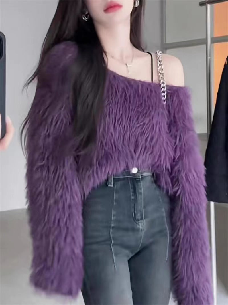 Fluffy Sweater For Women Street-wave, Cozy Loose-Fit Pullover With Soft Plush Sleeves