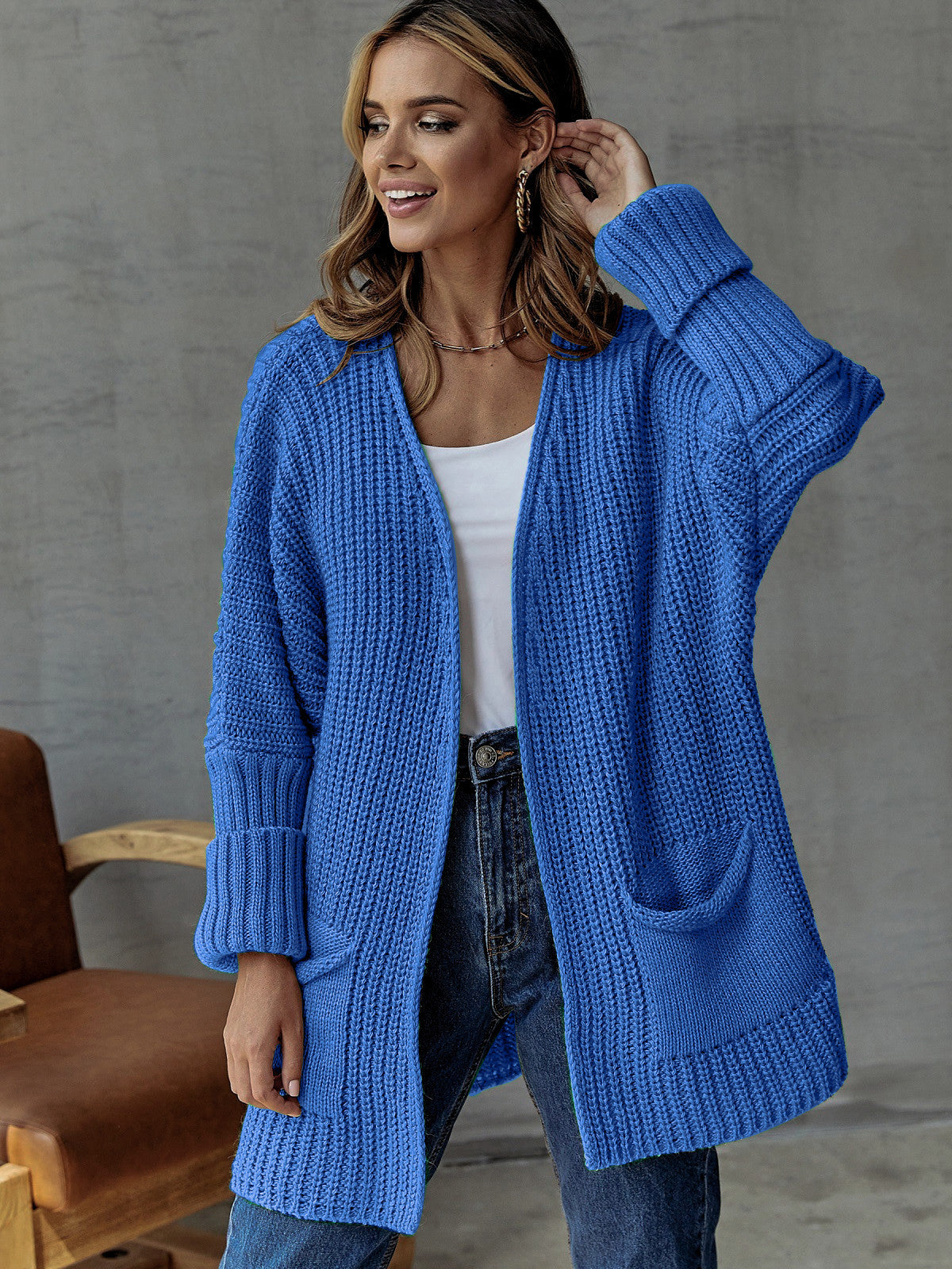 Streetwave Womens Cozy Knit Cardigan With Deep Pockets And Voluminous Sleeves For Everyday Style