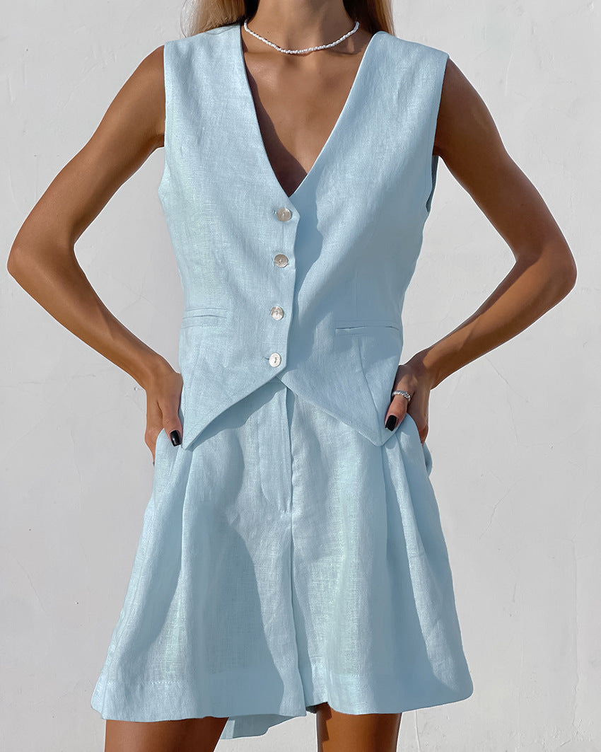 Street-wave Linen Vest and Shorts Set for Women, Breathable Cotton-Linen Blend, Versatile Office Chic