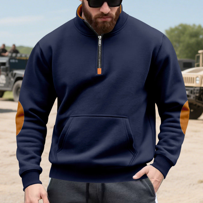 Street Wave Men's Hoodie With Stand Up Collar And Contrast Elbow Patch Details For Modern Comfort