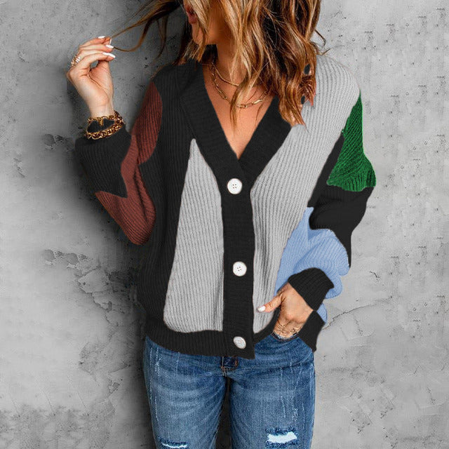 Street-wave Color Block Cardigan With V-Neck For Women Soft Cozy And Statement Making