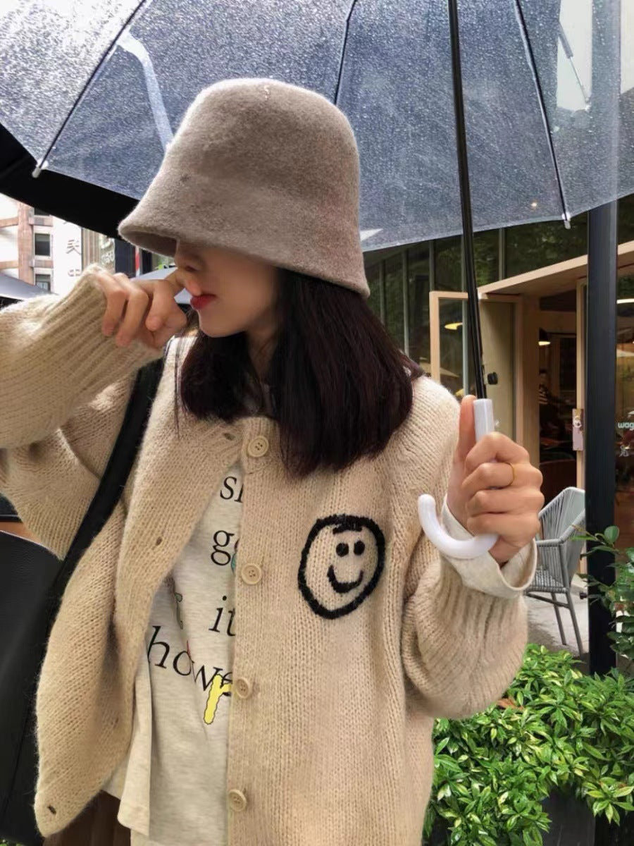 Street Wave Womens Cozy Knit Cardigan With Playful Smile Motif For Everyday Comfort