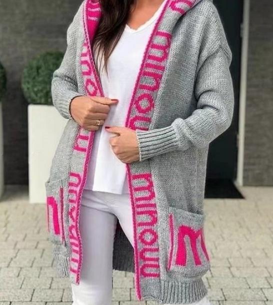 Women's Knit Cardigan Street-wave Cozy Soft Wool With Deep Pockets And Logo Print