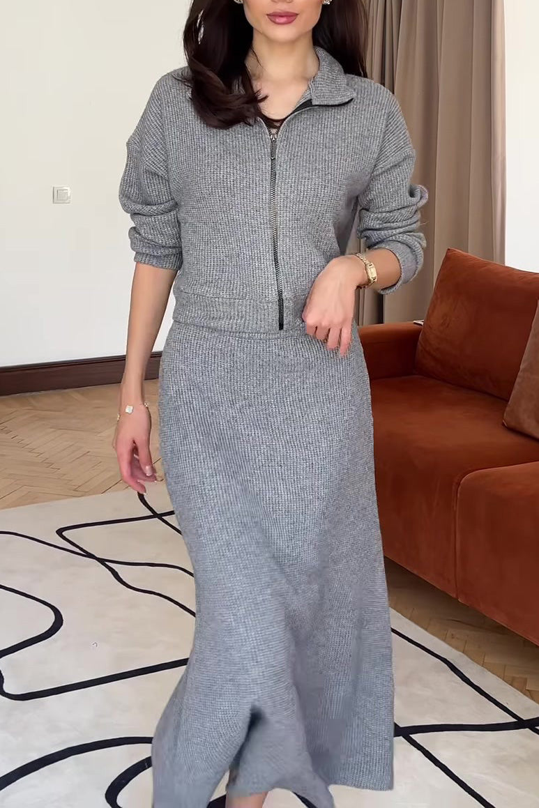 Street Wave Two Piece Knit Set For Women Zip Front Cardigan Maxi Skirt Cozy Layering Effortless Chic