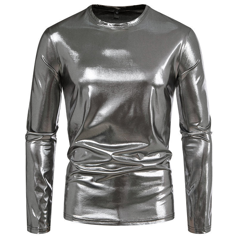 Street-Wave Men's Metallic Long Sleeve Shirt In Shiny Stretch Fabric For Glam Party Ready
