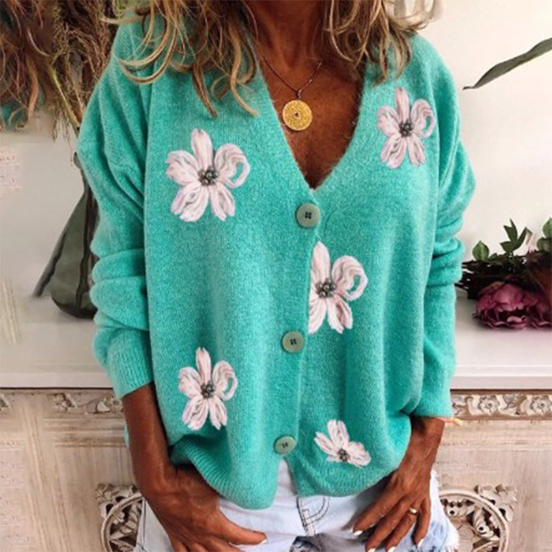 Street-wave Women's Cozy Knit Cardigan With All-Over Floral Pattern And Full Button Front