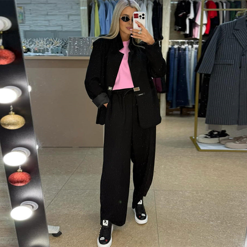 Street-Wave Womens Sweater Blazer Set With Wide-Leg Pants Comfortable Chic Everyday Outfit