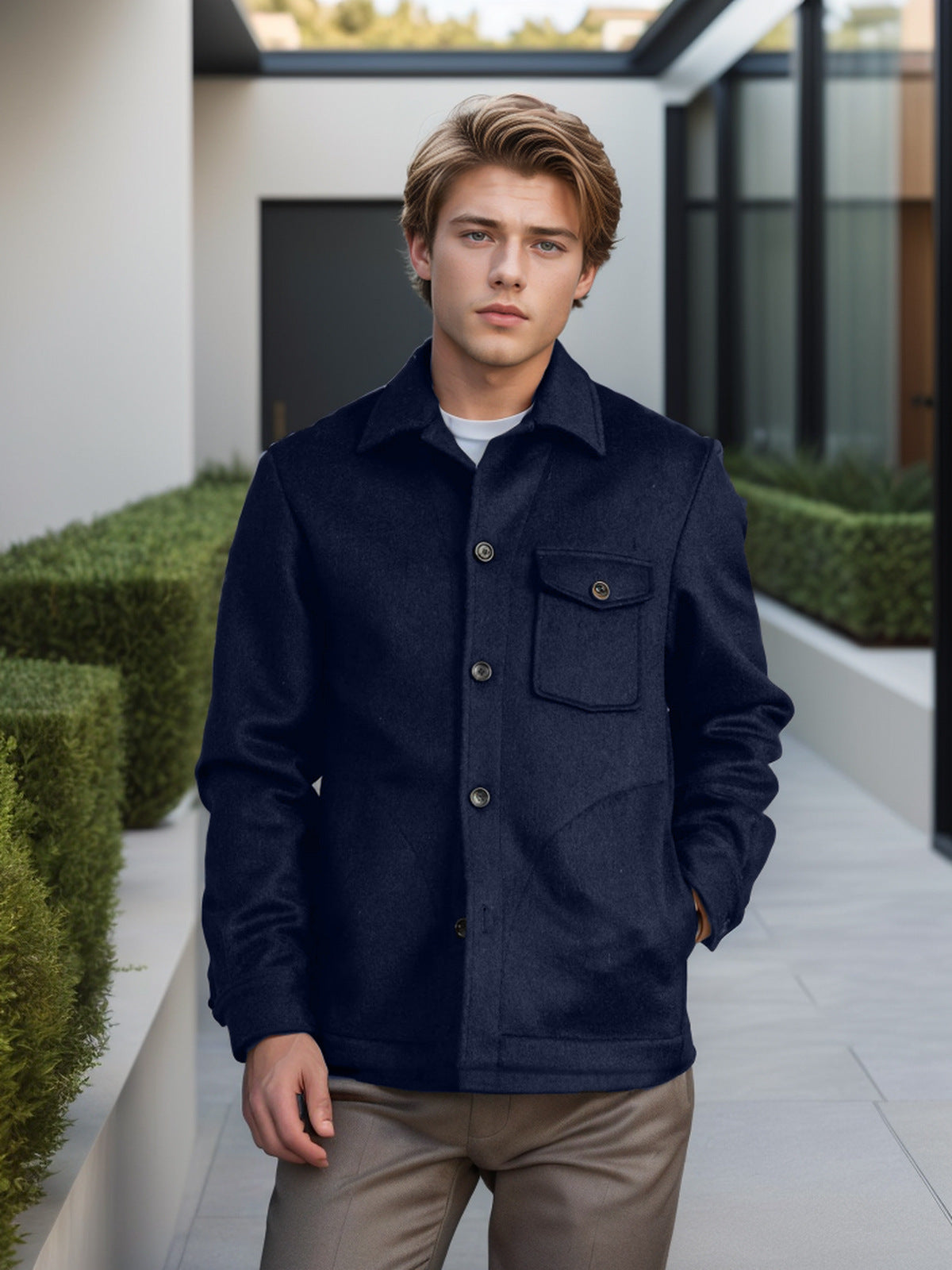 Men's Wool Jacket With Chest Pocket Street-wave Warm Timeless Style For Modern Men