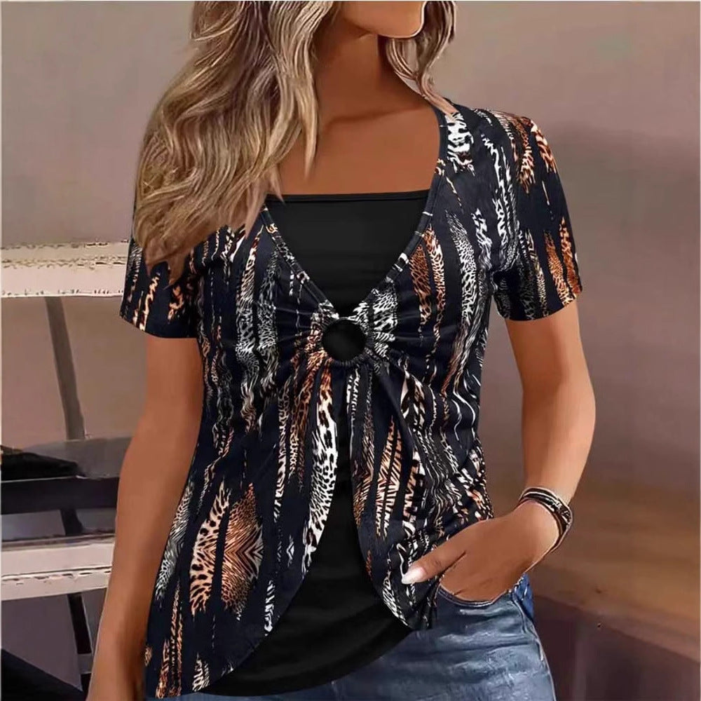 Street Wave Womens Animal Print Top With Knot Detail Casual Breathable Comfort Everyday Wear