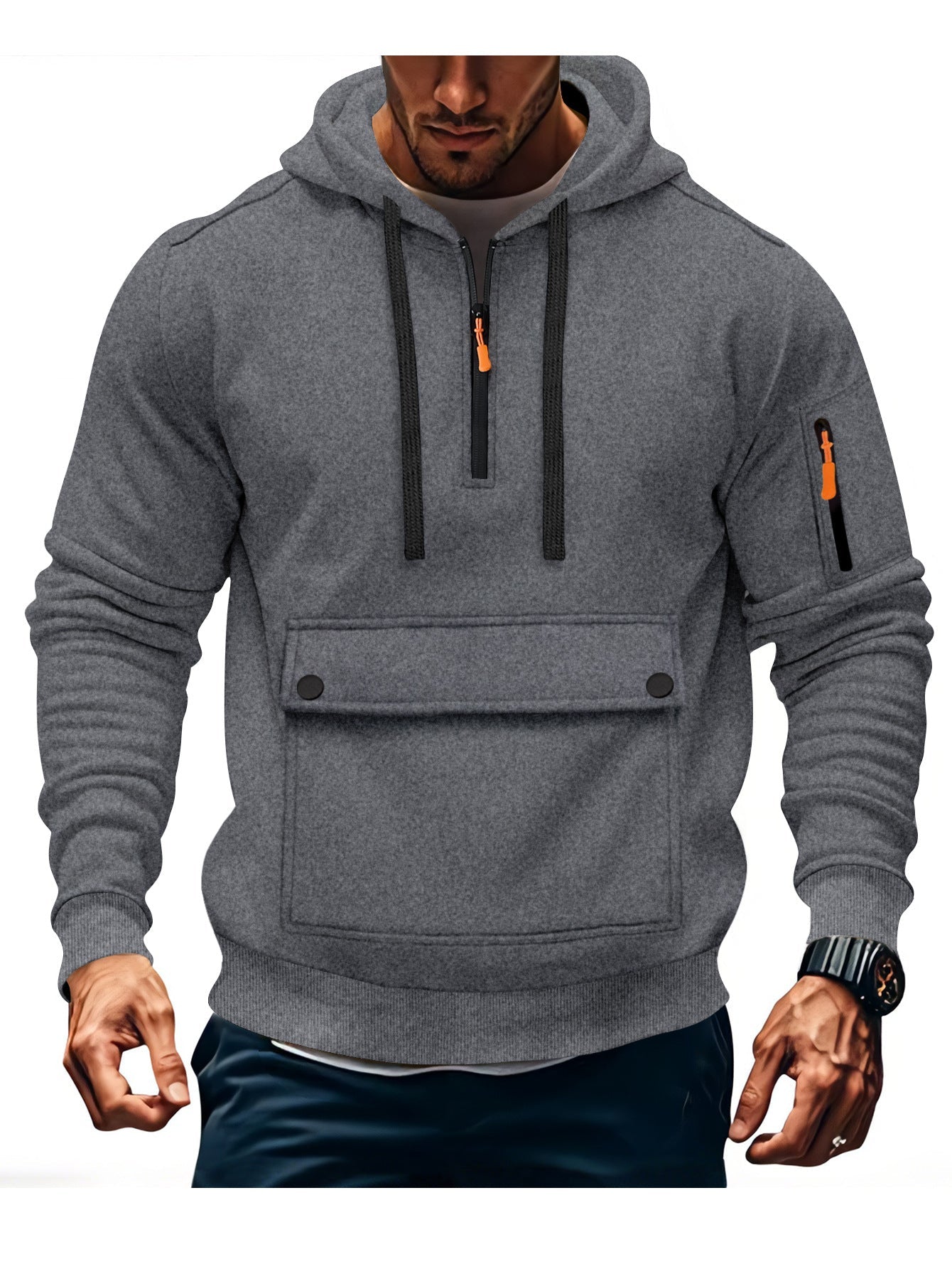 Street-wave Men's Casual Hoodie With Front Kangaroo Pocket And Sleeve Zip Pocket Performance