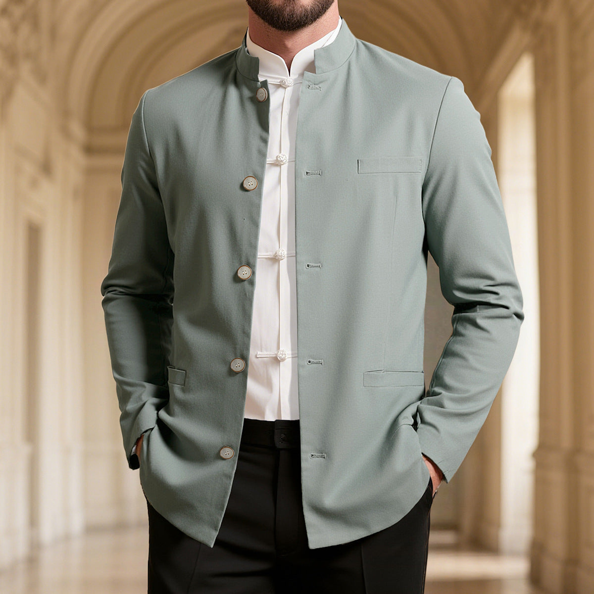 Street-wave Men Stand Collar Blazer Elegant Breathable Comfort For Modern Gentlemen