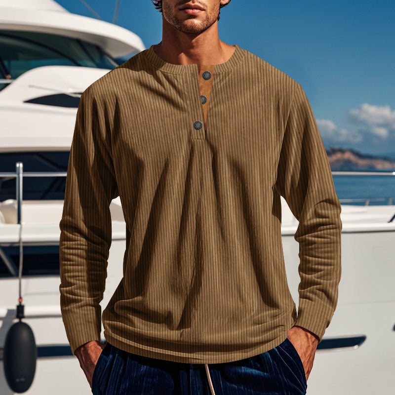 Streetwave Mens Long Sleeve Ribbed Knit Shirt With Button Placket For Daily Casuals